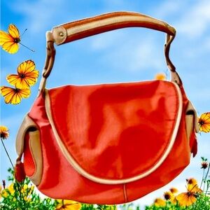 Cole Haan Shoulder Bag Hobo Flap Top Leather Trim orange nylon